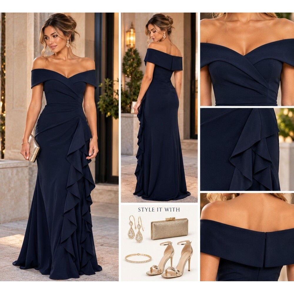 New XSCAPE ANYA Scuba Crepe Off Shoulder Ruffle Gown Navy Sz 14W $249 Wedding